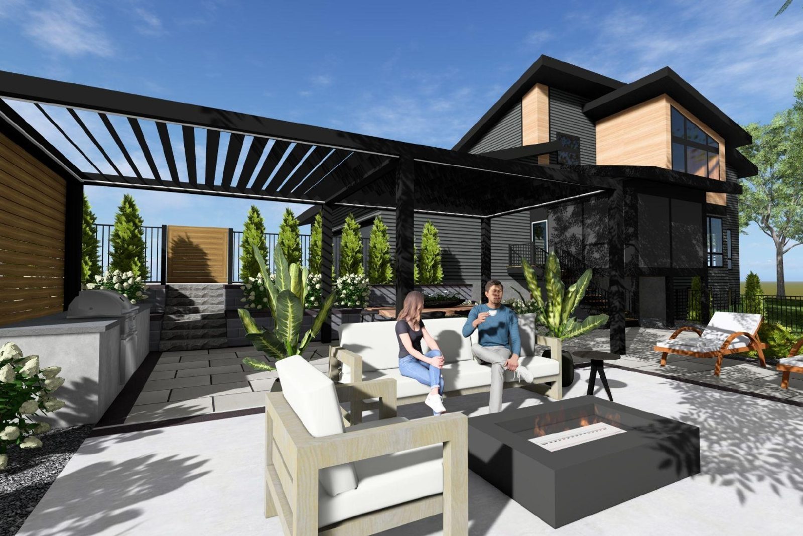 3D design rendering of a louvered pergola, outdoor kitchen and lounge beside a modern Shakopee home