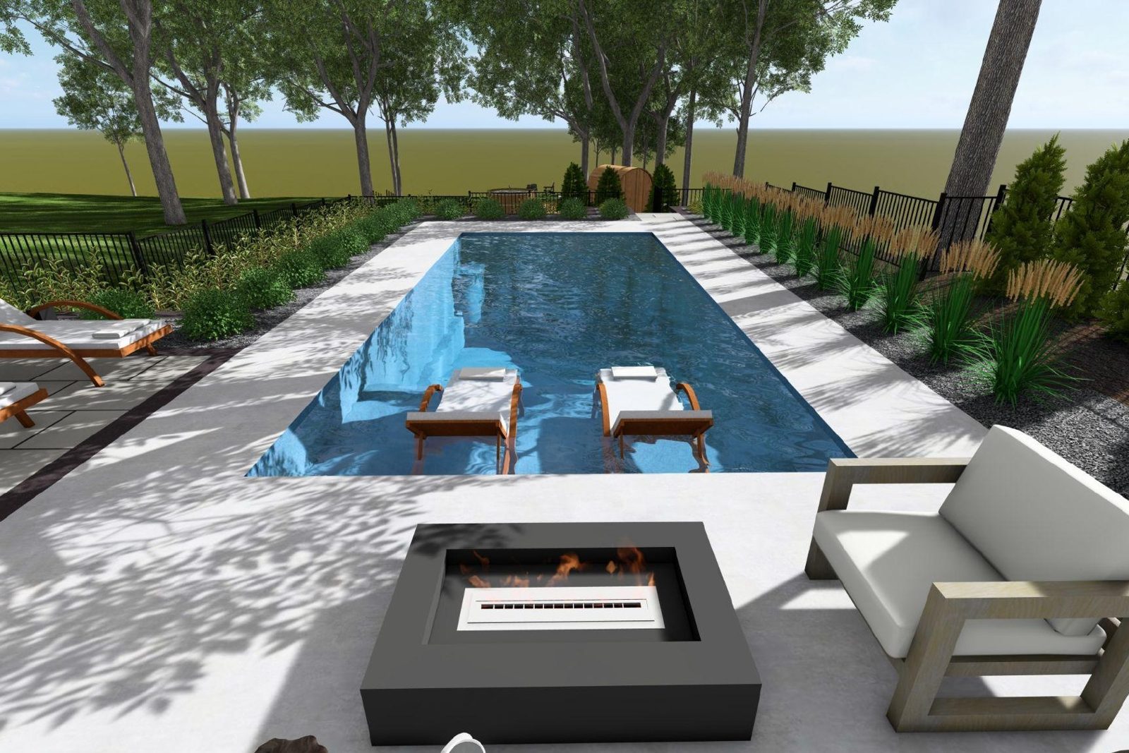 3D design rendering of a pool, fire table and lounge for a Shakopee backyard
